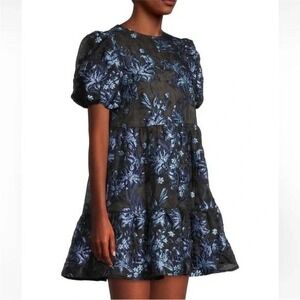 ELLIATT Black Blue Floral Jacquard Puff Sleeve Tiered Mini Dress Size S